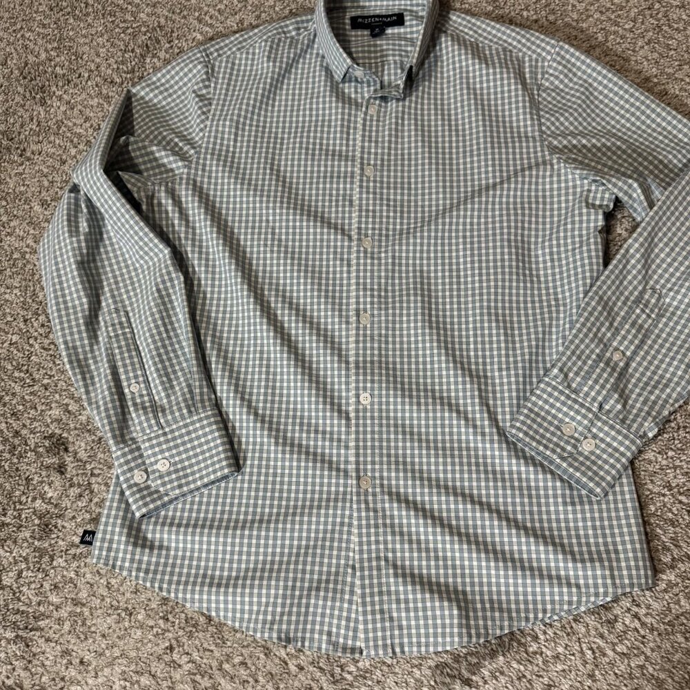 Mizzen + Main Shirt Leeward Trim Fit Dress Men's M Green White Gingham Button